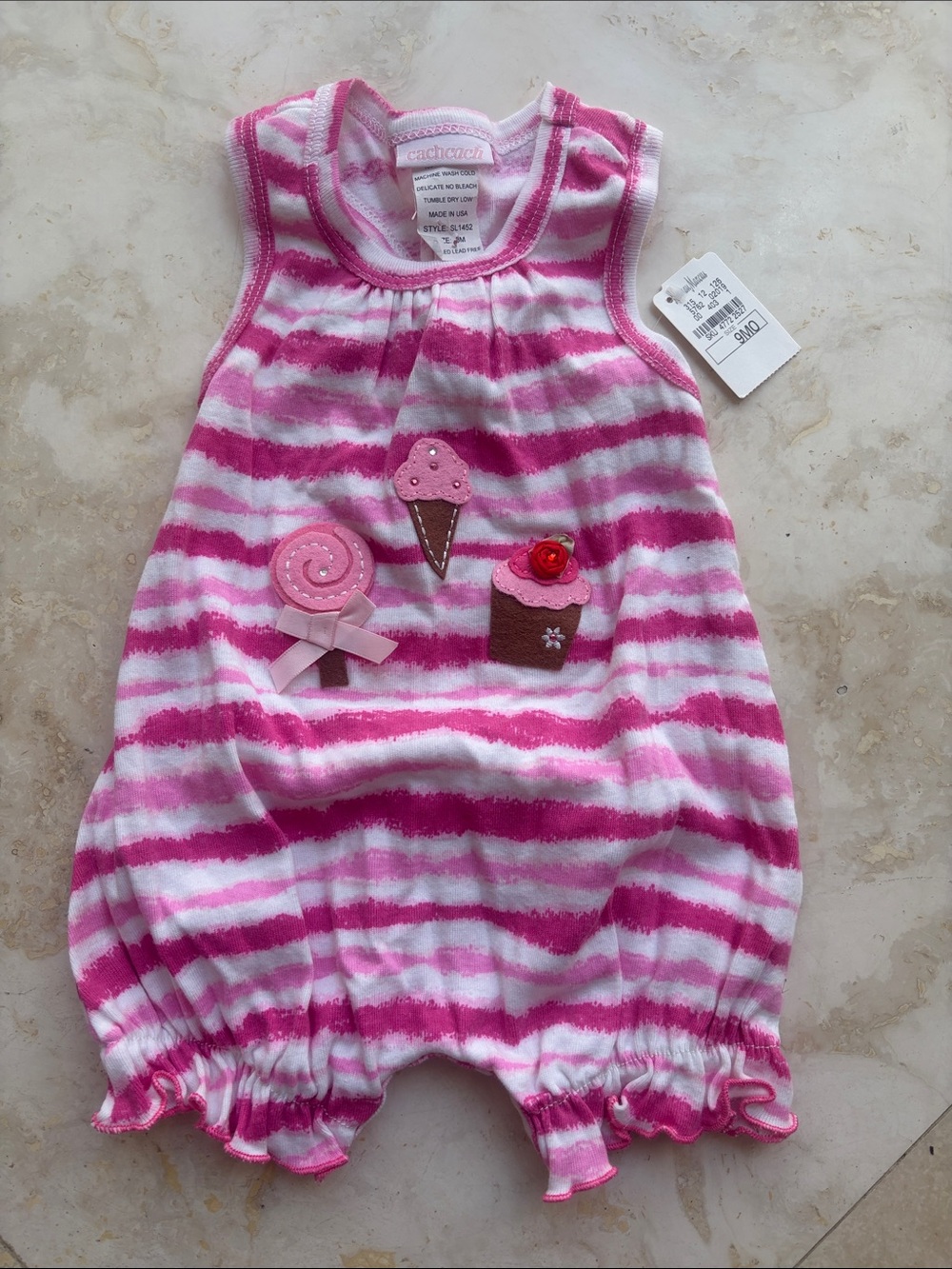 CachCach Pink & White Stripe Baby Romper with Sweets Appliqués New Size 9 months
